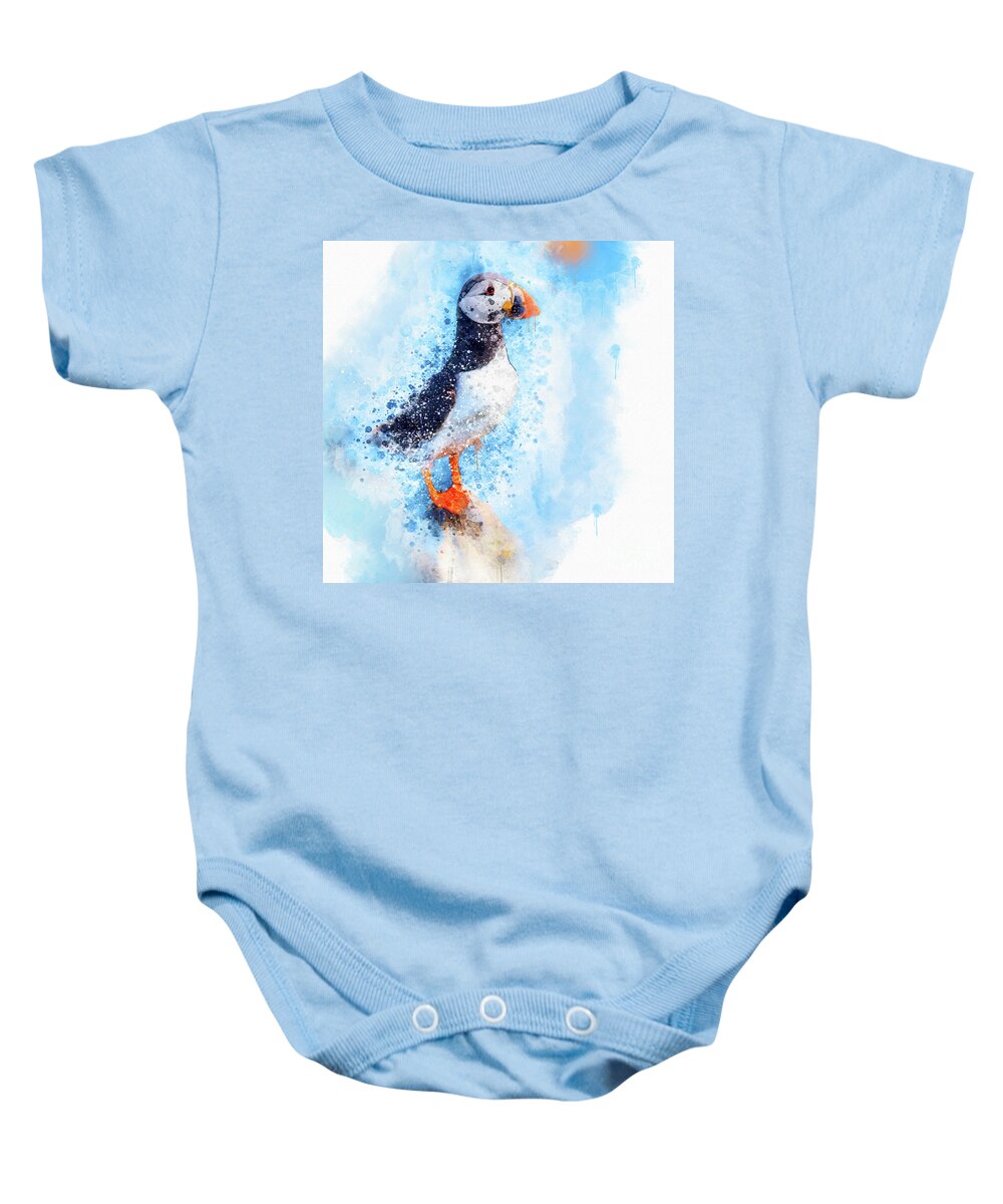 Puffin Baby Onesie featuring the mixed media Water Colour Puffin by Jim Hatch