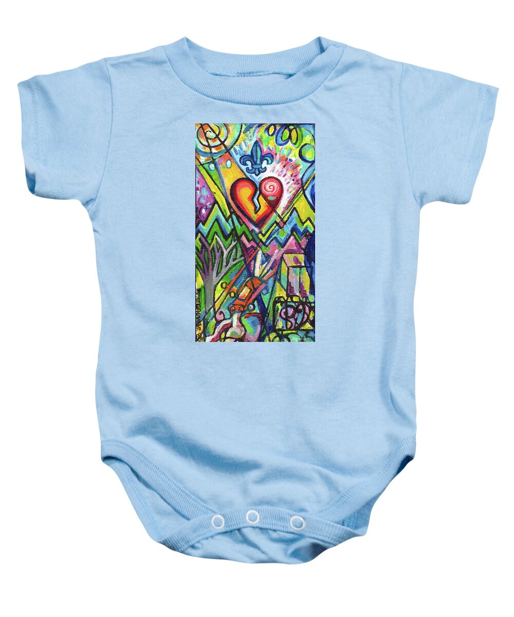 Whimsical Baby Onesie featuring the painting Creve Coeur Streetlight Banners Whimsical Motion 5 by Genevieve Esson