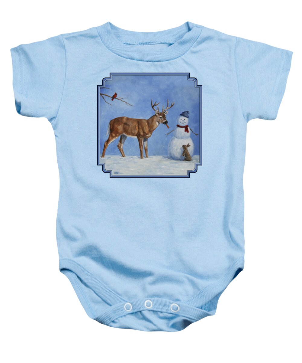Christmas Baby Onesie featuring the painting Whitetail Deer and Snowman - Whose Carrot? by Crista Forest