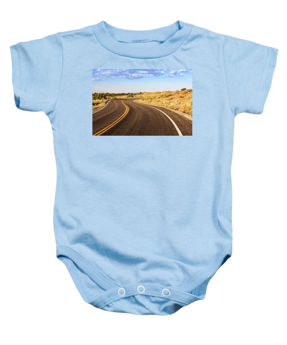 Nature Baby Onesie featuring the photograph Winding Desert Road at Sunset by Kyle Lee