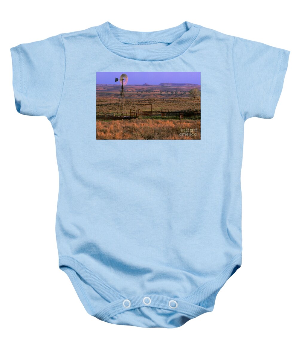 Dave Welling Baby Onesie featuring the photograph Windmill Cattle Fencing Texas Panhandle by Dave Welling