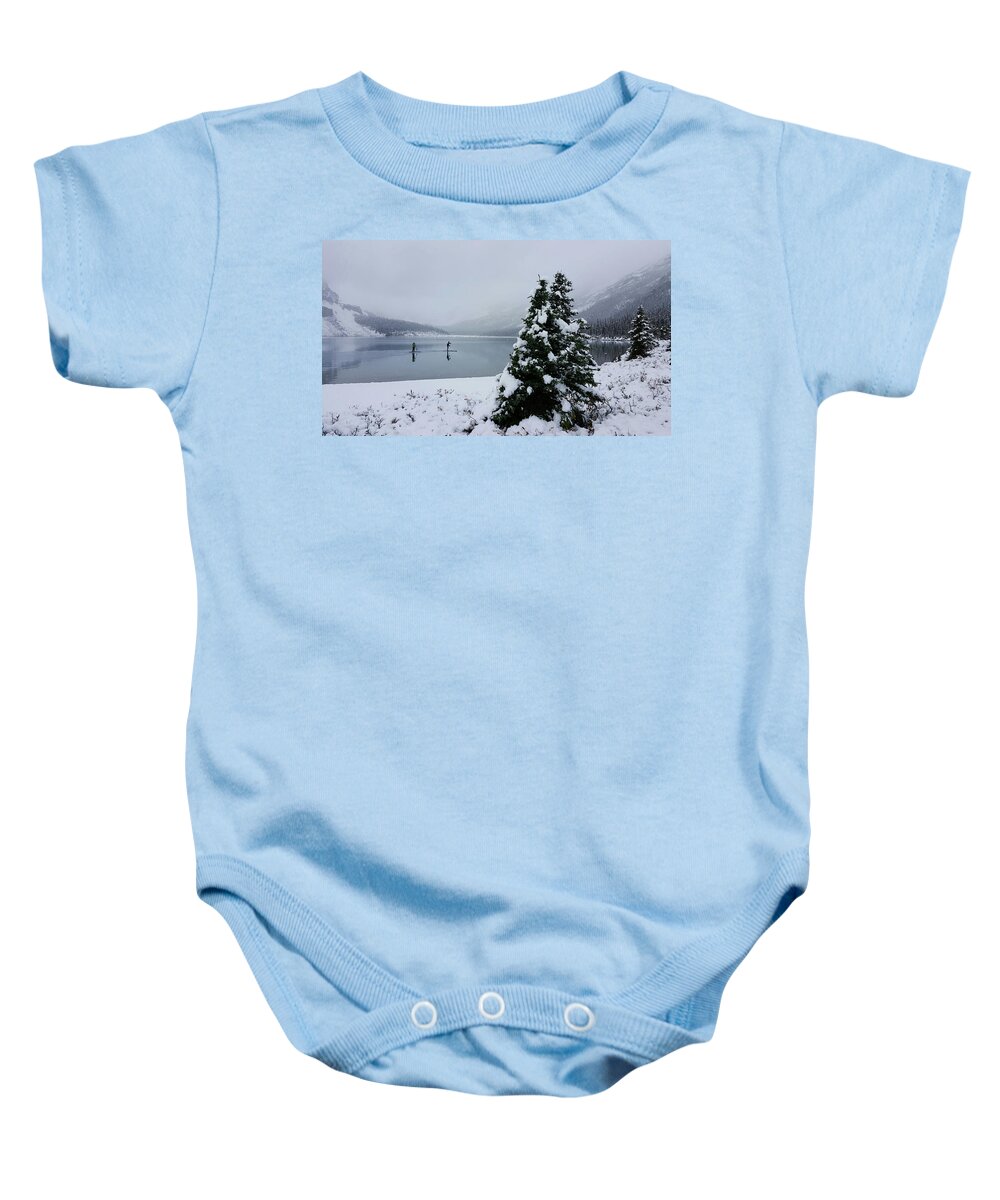 Bow Lake Baby Onesie featuring the photograph Winter Paddleboarding by William Slider