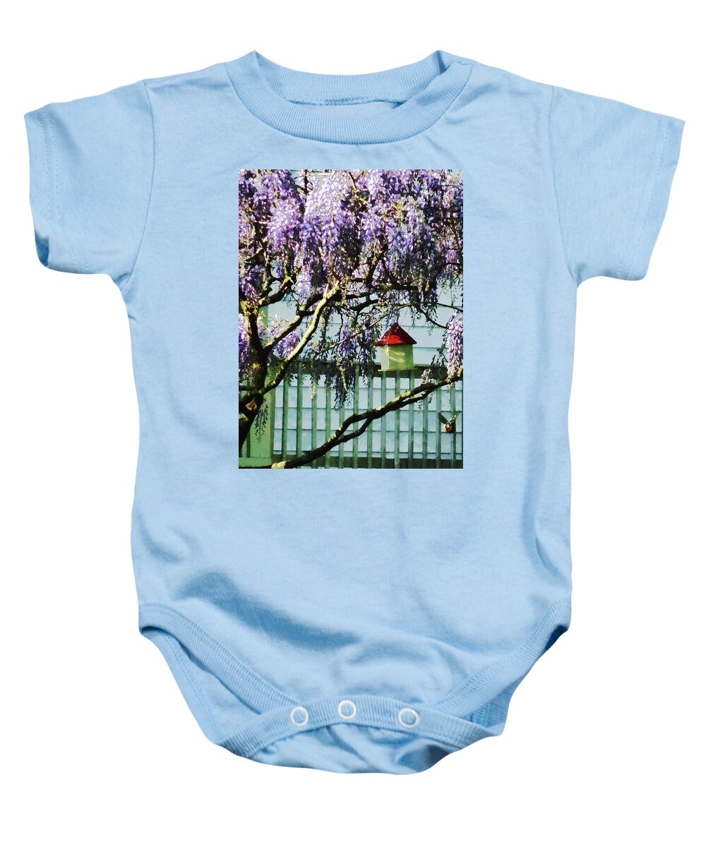 Spring Baby Onesie featuring the photograph Wisteria and Birdhouse by Susan Savad