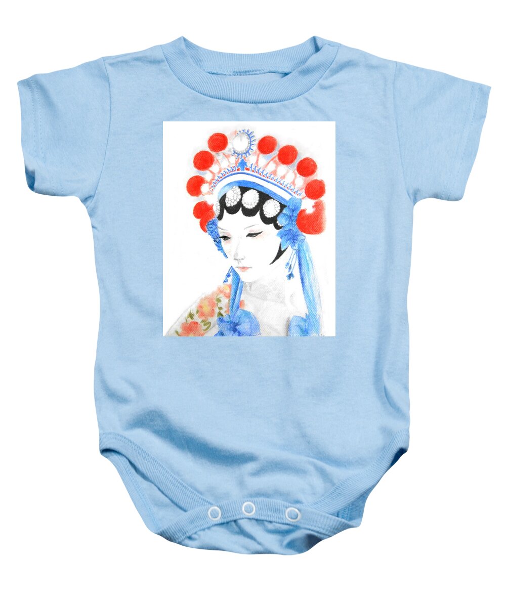 Chinese Baby Onesie featuring the drawing Woman from Chinese Opera with Tattoos -- the original -- Asian Woman Portrait by Jayne Somogy
