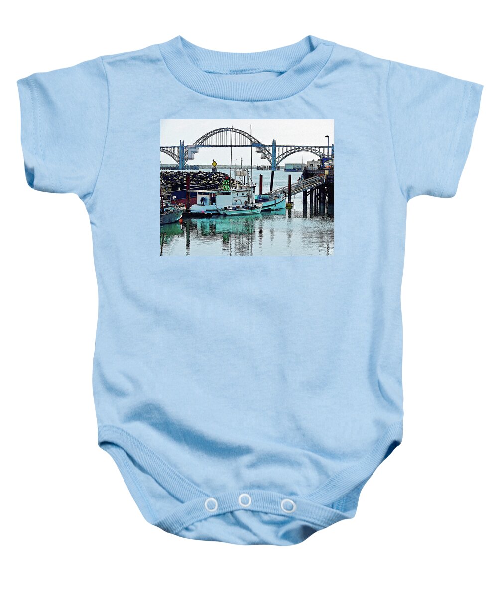 Yaquina Bay Baby Onesie featuring the digital art Yaquina Bay LIVE CRAB by Gary Olsen-Hasek