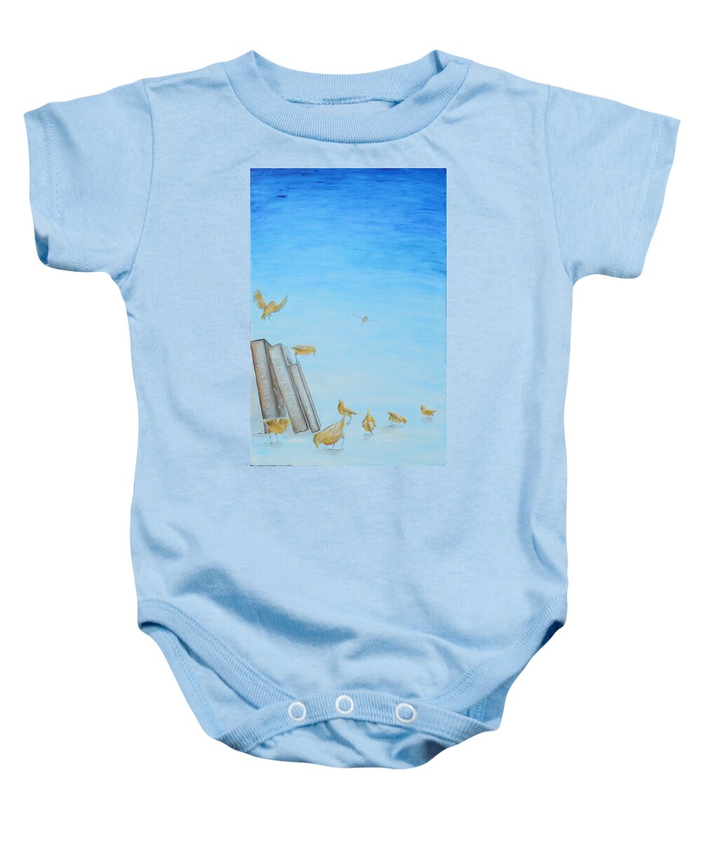 Canaries Baby Onesie featuring the painting Yellow Birds in the Blue3 by Nik Helbig