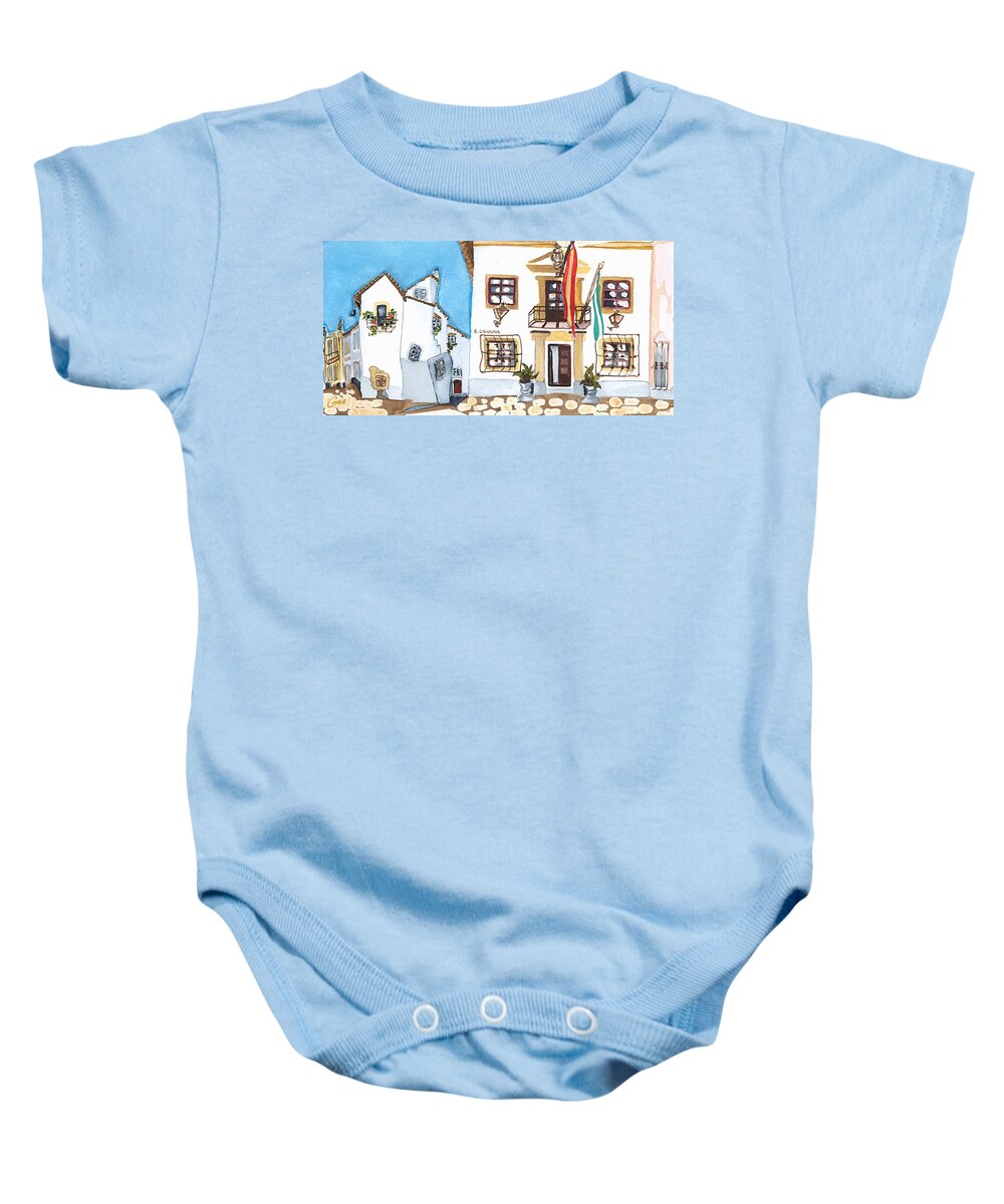 Spain Andalusia Historic Fantasy Village Architecture Impressionist Baby Onesie featuring the painting Zahara, Andalusia by Joan Cordell