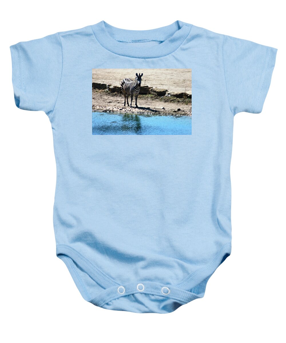 Zebra Baby Onesie featuring the mixed media Zebra at the watering hole by Steve Karol