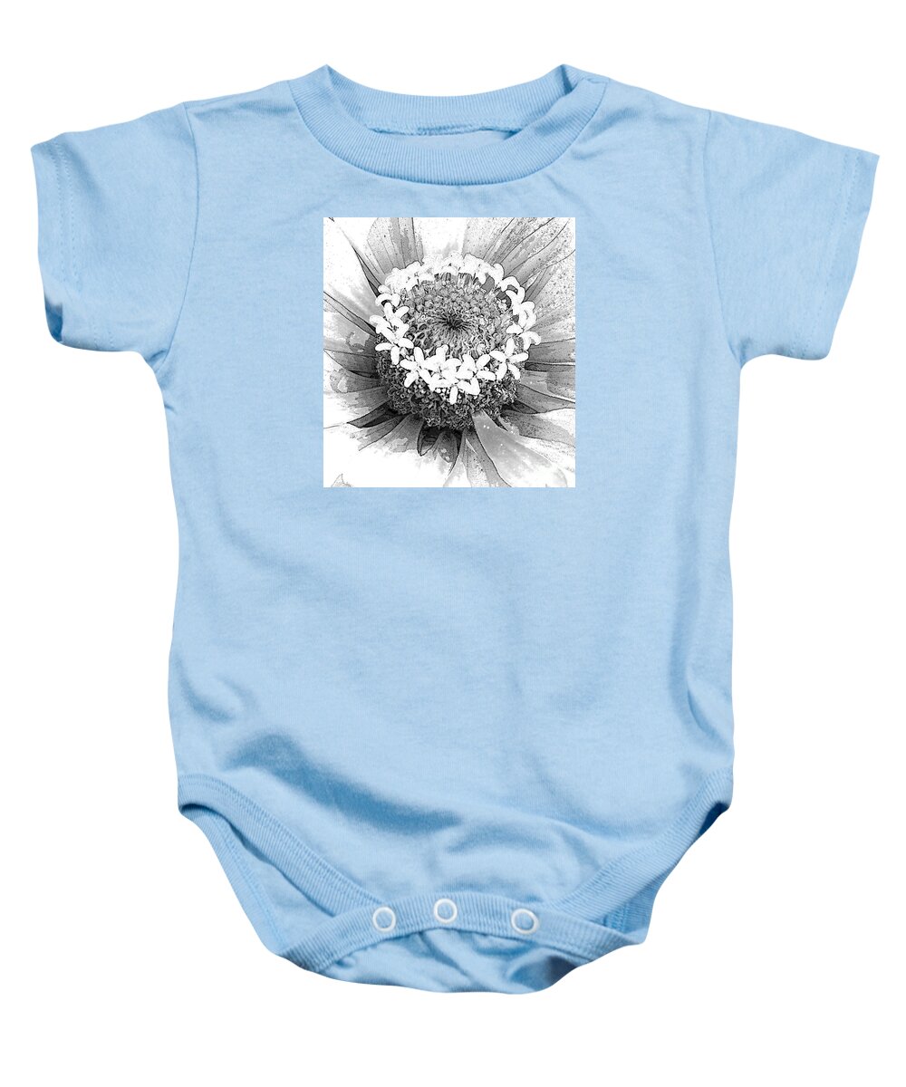 Zinnia Baby Onesie featuring the photograph Zinnia, Black and White by Jeanette French