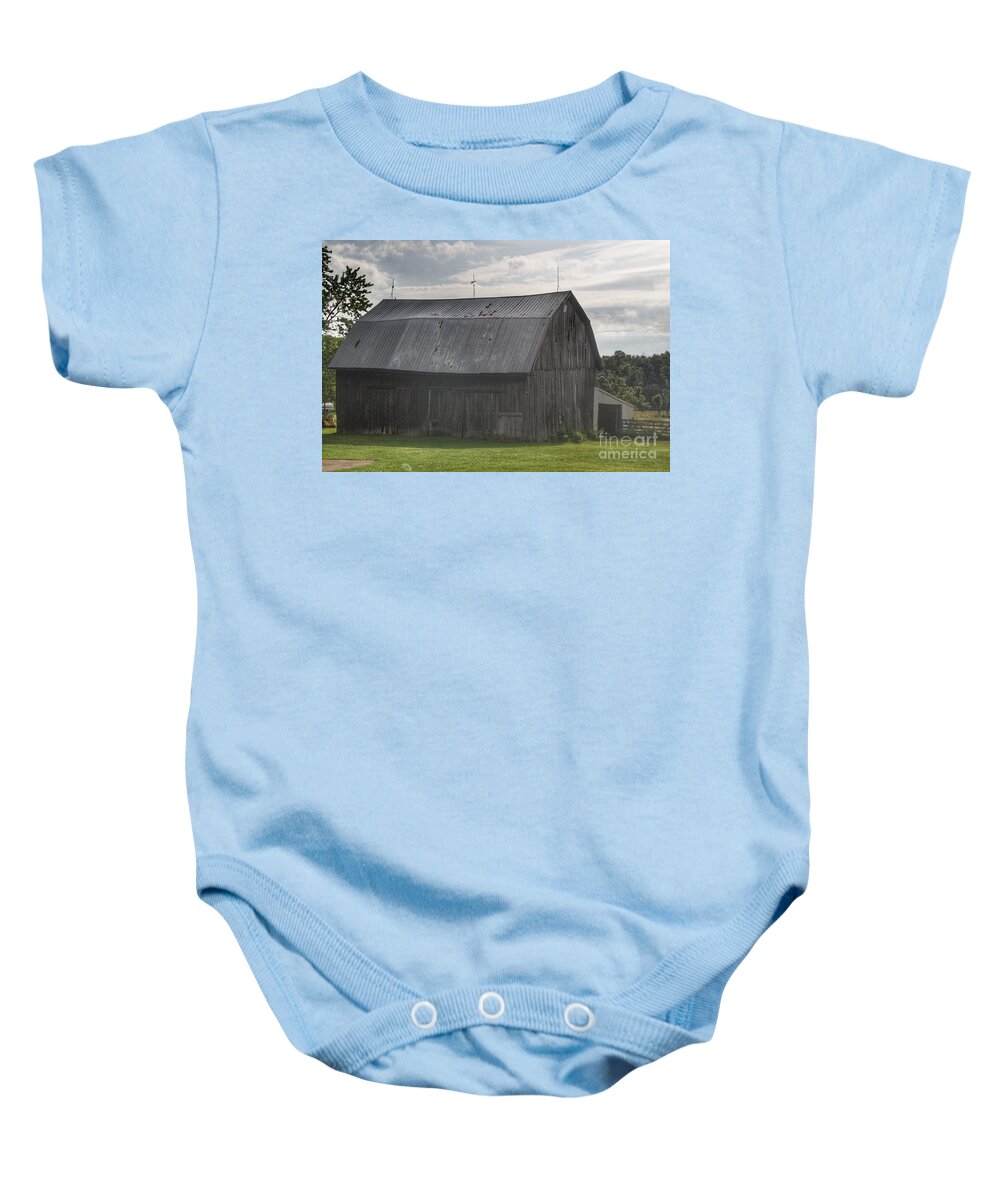 Barn Baby Onesie featuring the photograph 0310 - Rich Road's Old Grey by Sheryl L Sutter