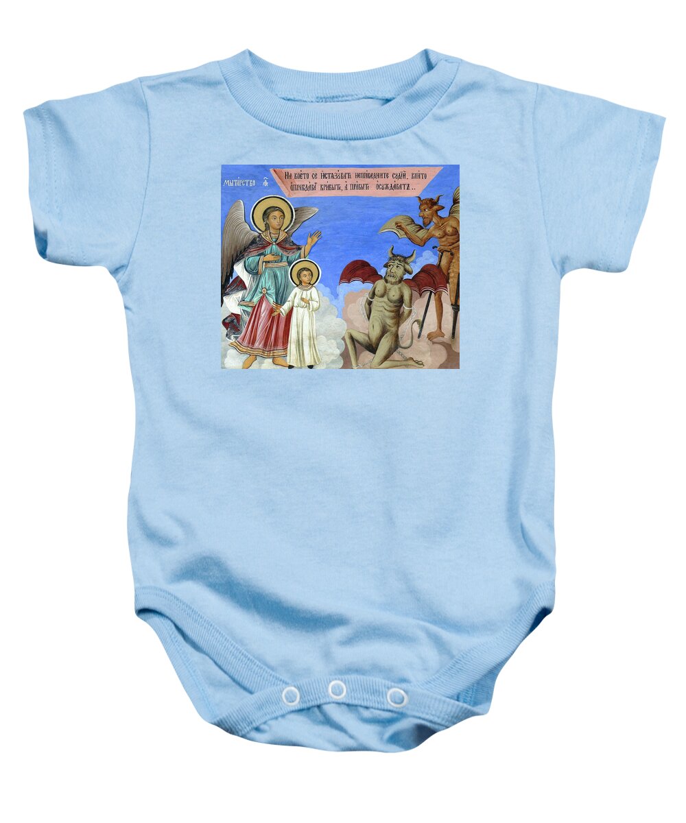 Bulgaria Baby Onesie featuring the photograph Fresco of guardian angel protecting against the temptations of d #1 by Steve Estvanik