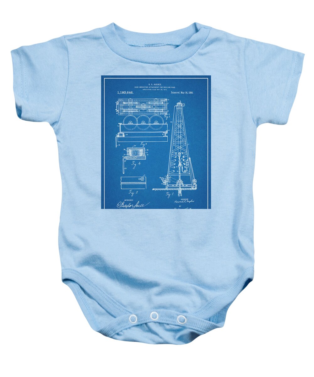 Howard Hughes Baby Onesie featuring the drawing 1916 Howard Hughes Oil Drilling Rig Attachment Patent Print Blueprint by Greg Edwards