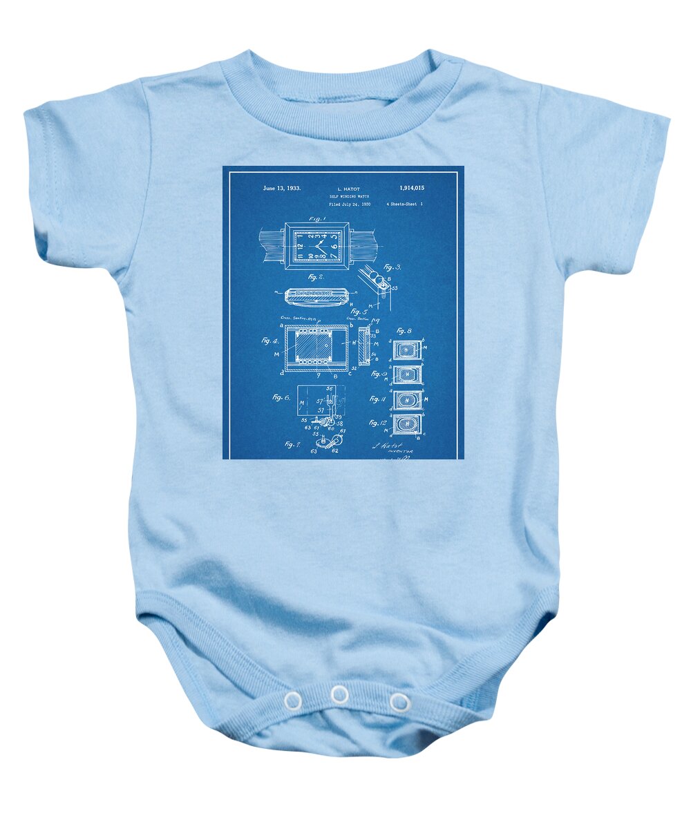 Art & Collectibles Baby Onesie featuring the drawing 1930 Leon Hatot Self Winding Watch Patent Print Bluebrint by Greg Edwards