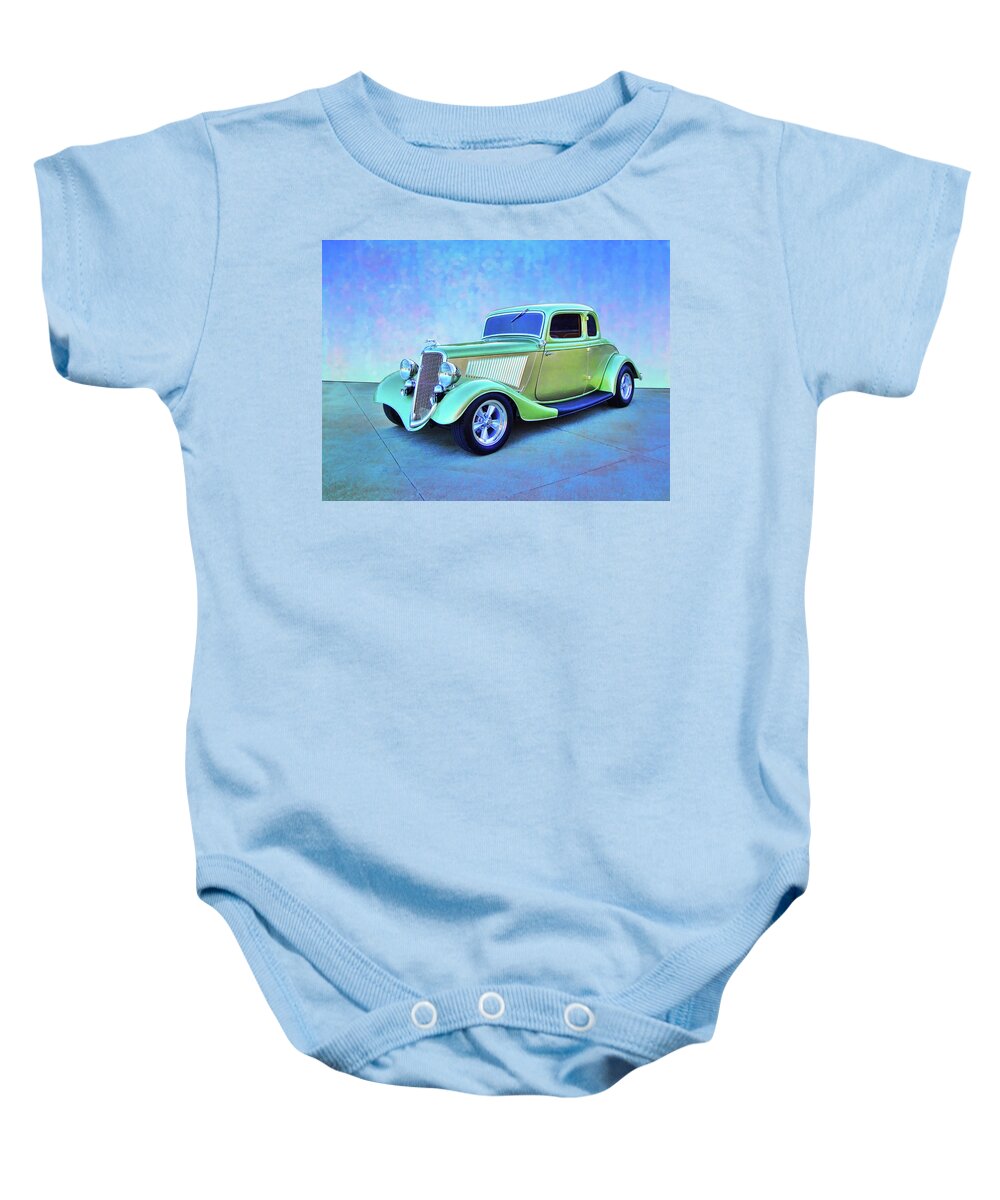 1934 Ford Green Baby Onesie featuring the digital art 1934 Green Ford by Rick Wicker