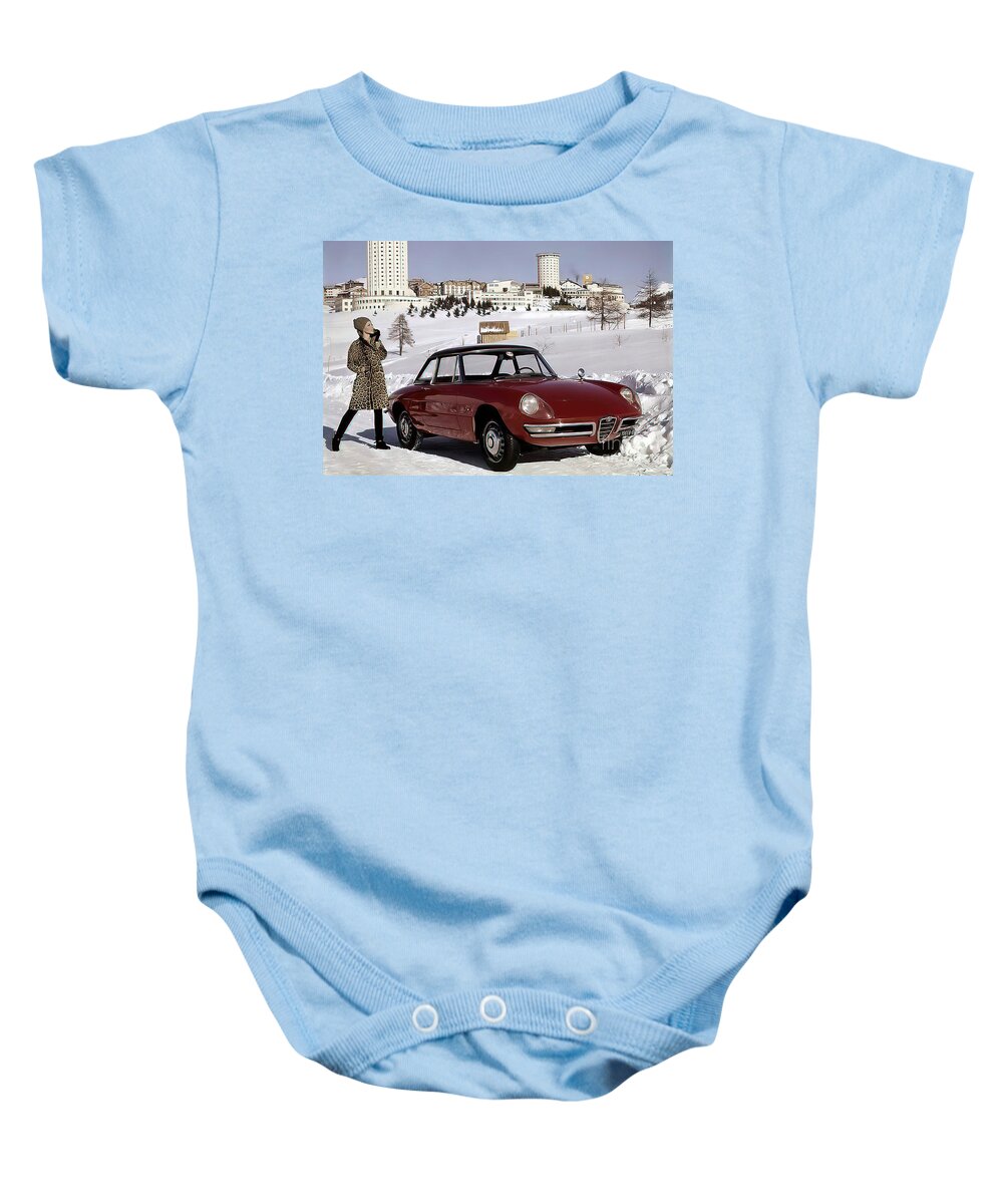 Vintage Baby Onesie featuring the photograph 1955 Alfa Romeo With Fashion Model In Snow Setting by Retrographs