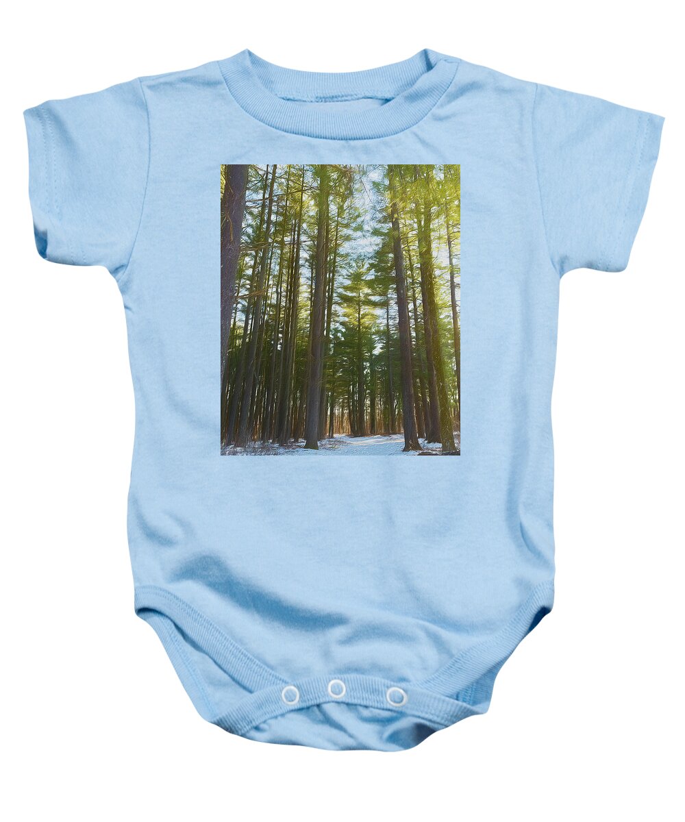 Woods Baby Onesie featuring the photograph A Walk In Warm Winter Woods by Bill and Linda Tiepelman