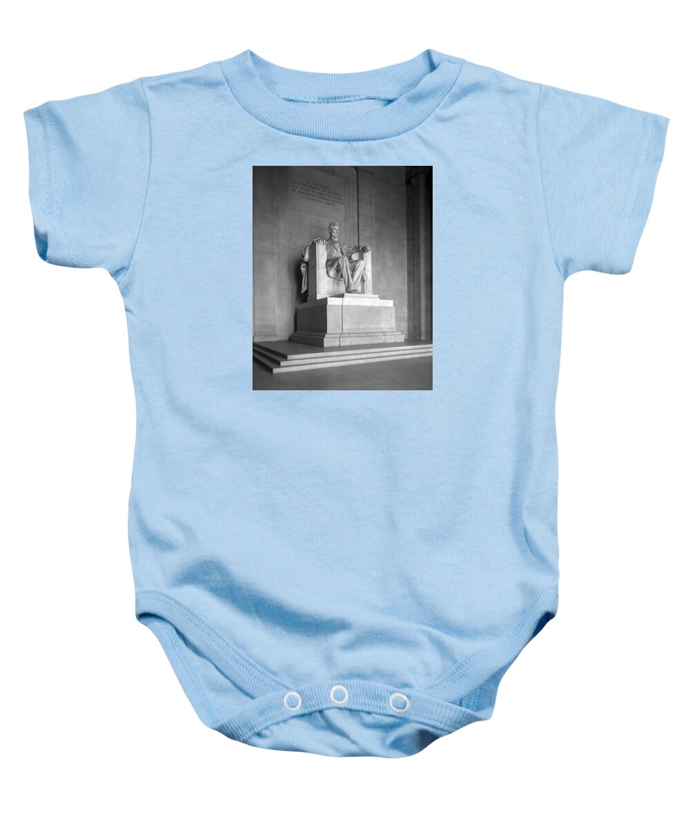 Lincoln Memorial Baby Onesie featuring the photograph Abraham Lincoln statue inside the Lincoln Memorial - Circa 1920s by War Is Hell Store