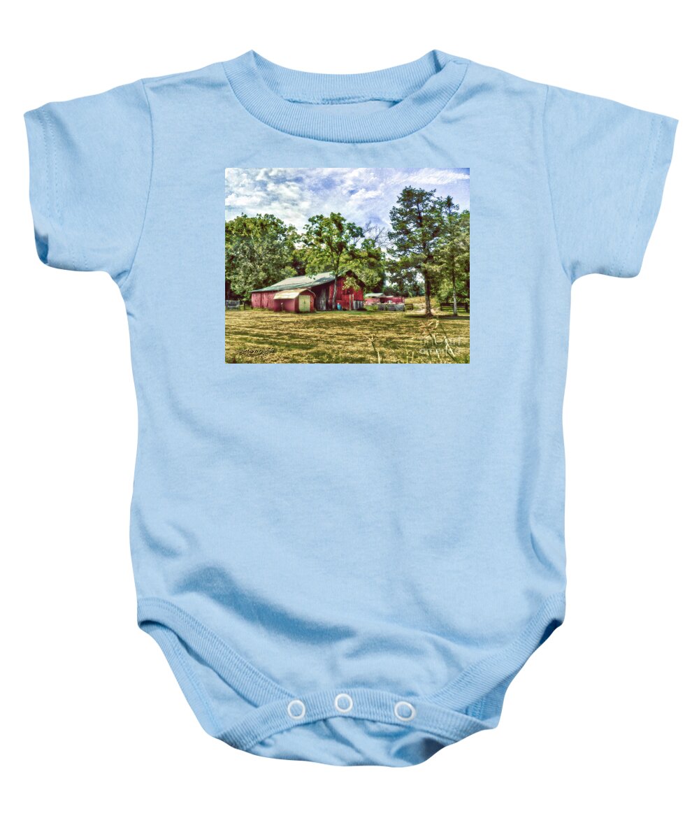 Barn Tennessee Trees Clouds Baby Onesie featuring the digital art Along the Rural Road Old Barn in Tennessee by Rhonda Strickland