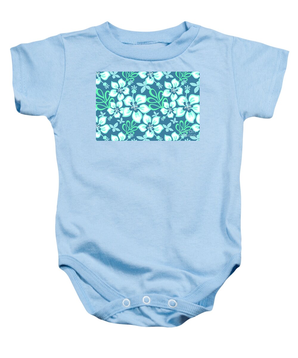 Botanical Baby Onesie featuring the digital art Aqua and White Hawaiian Hibiscus Flower Bloom Pattern on Blue by PIPA Fine Art - Simply Solid