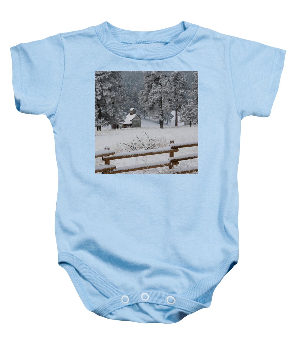 Winter Baby Onesie featuring the photograph Beautiful Abandoned Building Winter Landscape by Cascade Colors