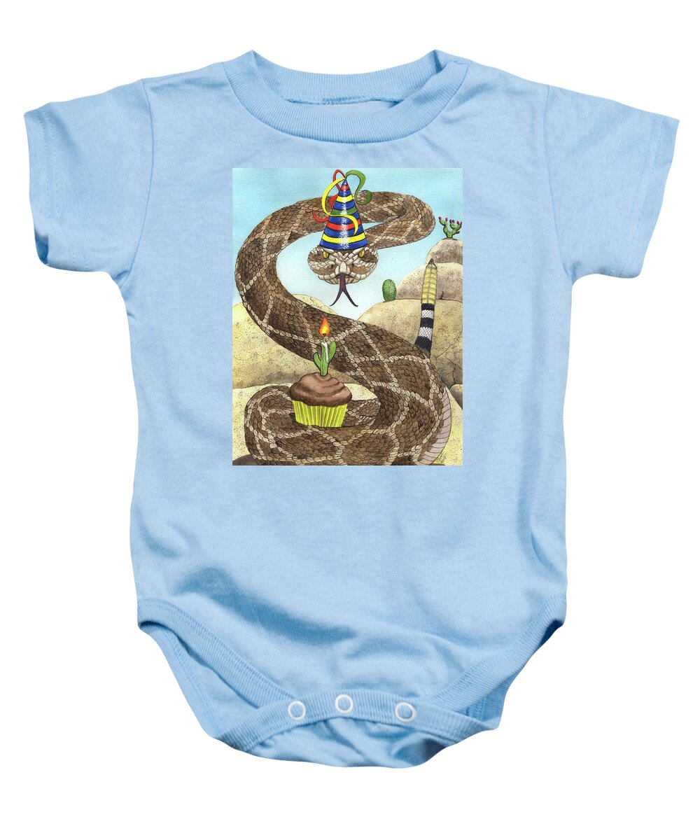 Snake Baby Onesie featuring the painting Birthday Buzzworm by Catherine G McElroy