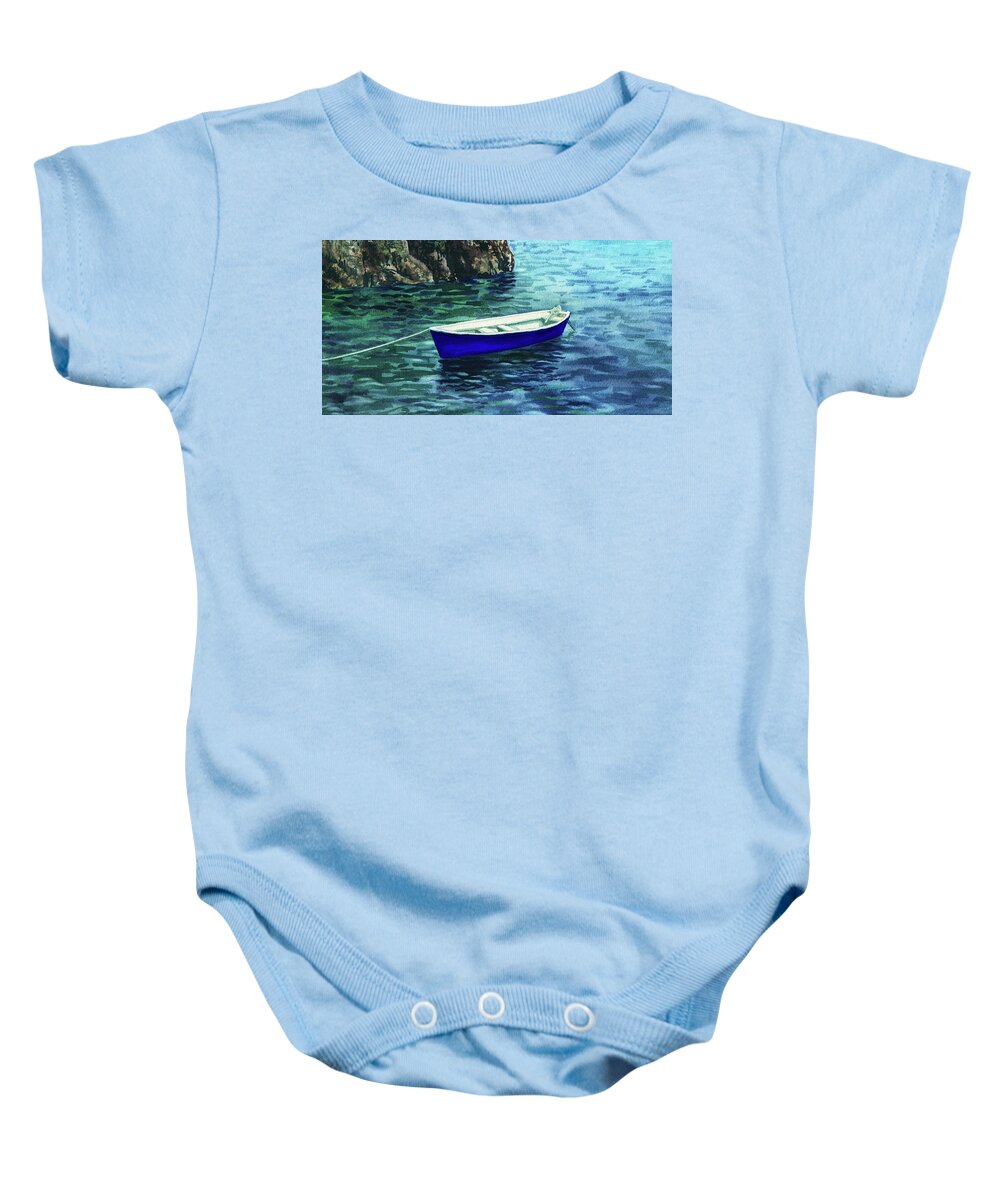Blue Baby Onesie featuring the painting Blue Boat Green Shore Emerald Grotto by Irina Sztukowski