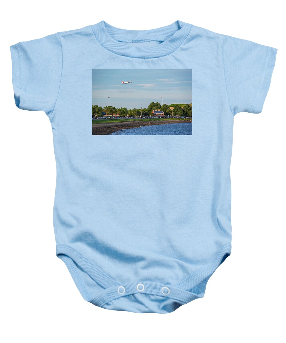 Boston Baby Onesie featuring the photograph Castle Island Beach Pleasure Bay Boston MA Plane Landing by Toby McGuire