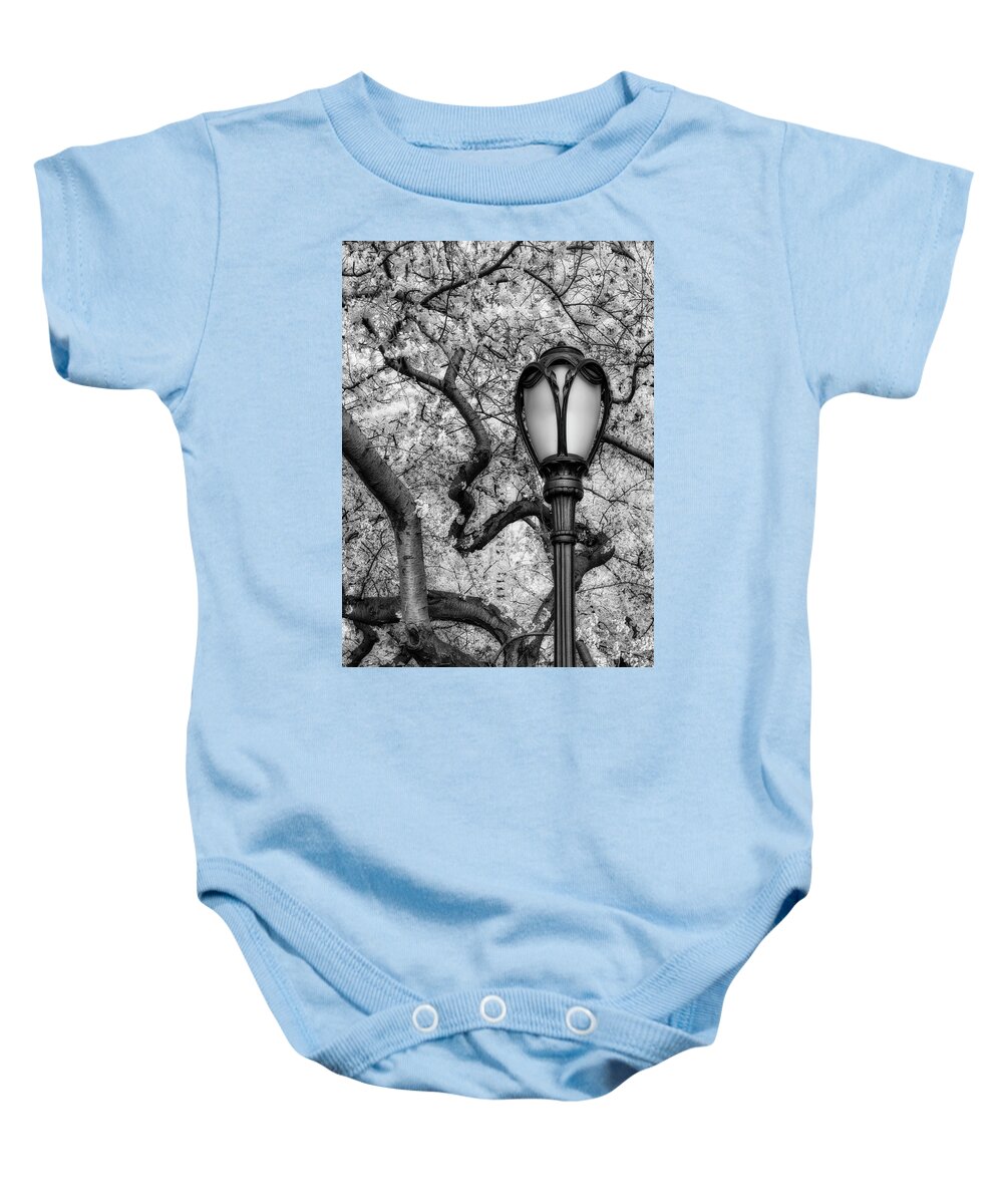 Central Park Baby Onesie featuring the photograph Cherry Blossoms At Central Park NYC BW by Susan Candelario