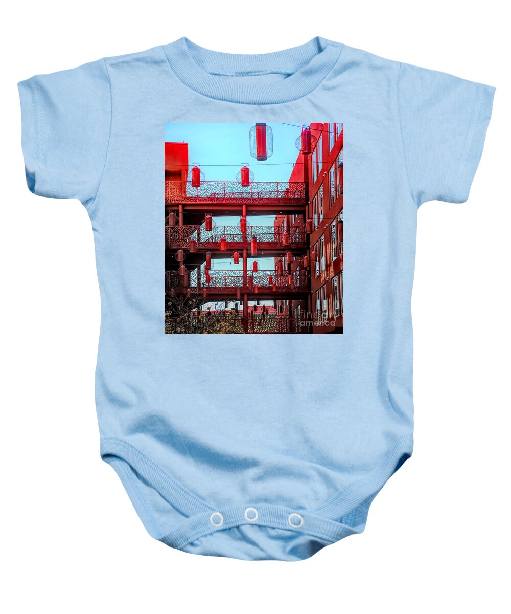 Architectural Baby Onesie featuring the photograph China Lantern Light Apartments Chinatown Los Angeles by Chuck Kuhn