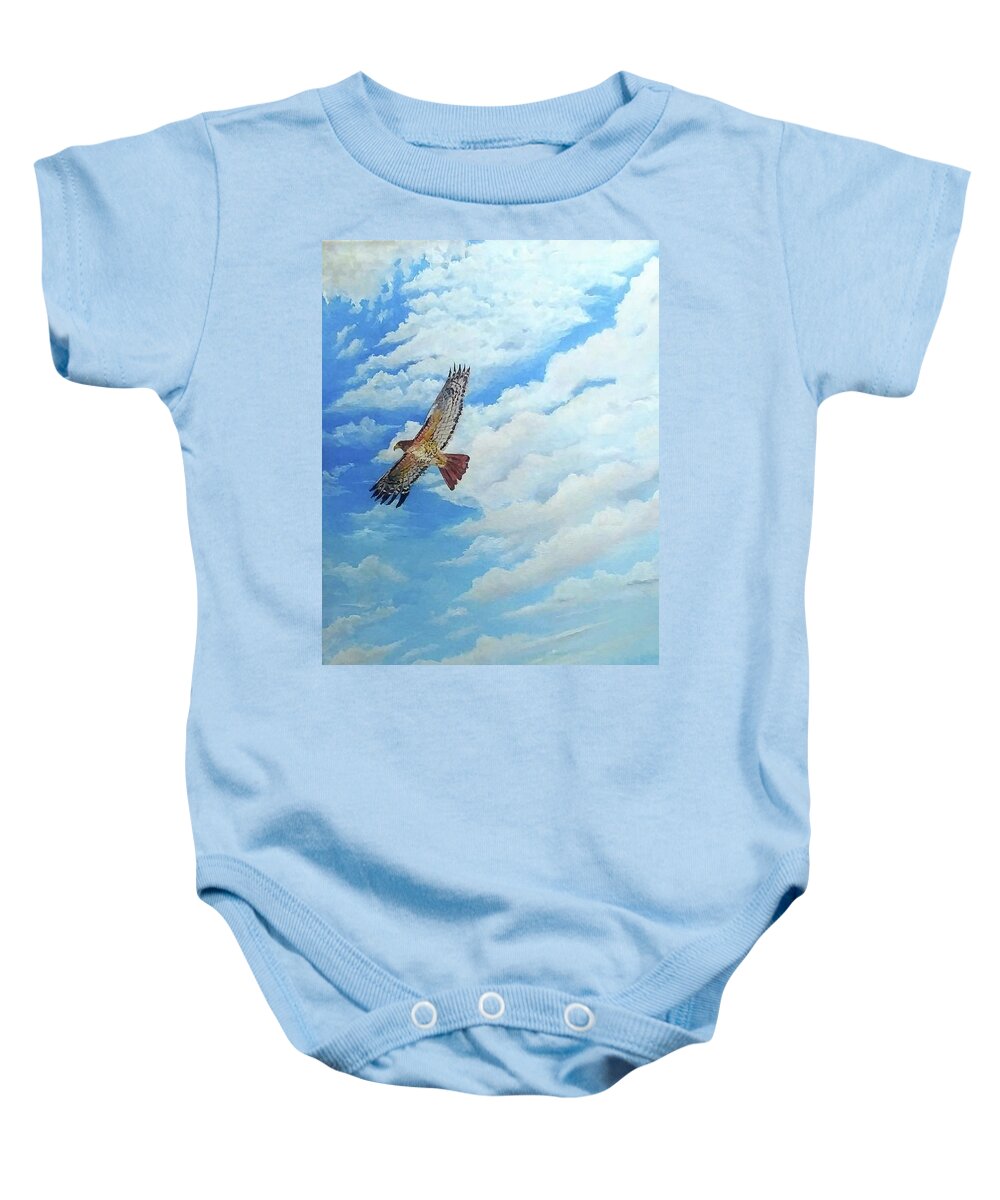 Hawk; Bird; Clouds; Cloudy; Flying; Flight. Baby Onesie featuring the painting Cloudy Day Flight by Teri Merrill