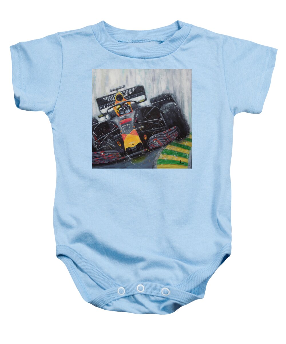 Impressionist Baby Onesie featuring the painting F1 Action by Shirley Wellstead