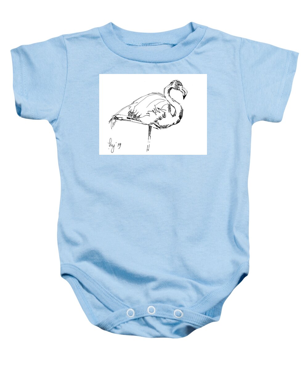 Flamingo Baby Onesie featuring the drawing Flamingo black and white drawing illustration by Mike Jory