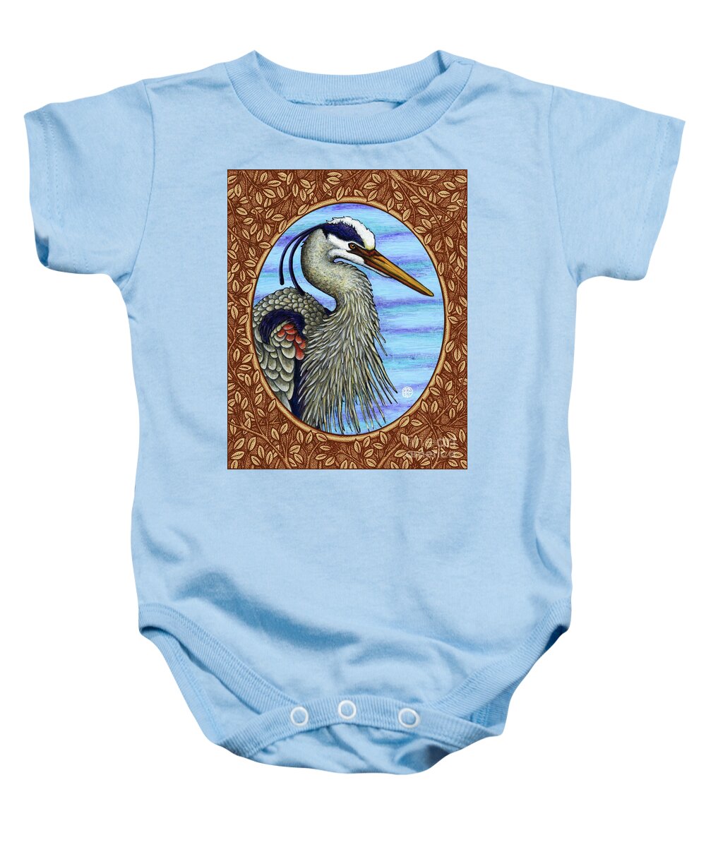 Animal Portrait Baby Onesie featuring the painting Great Blue Heron Portrait - Brown Border by Amy E Fraser