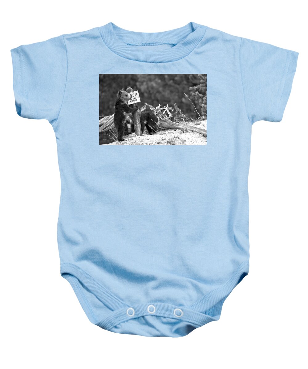 Grizzly Bear Baby Onesie featuring the photograph Grizzly Cubs At The Yellowstone Thermal Features Black And White by Adam Jewell