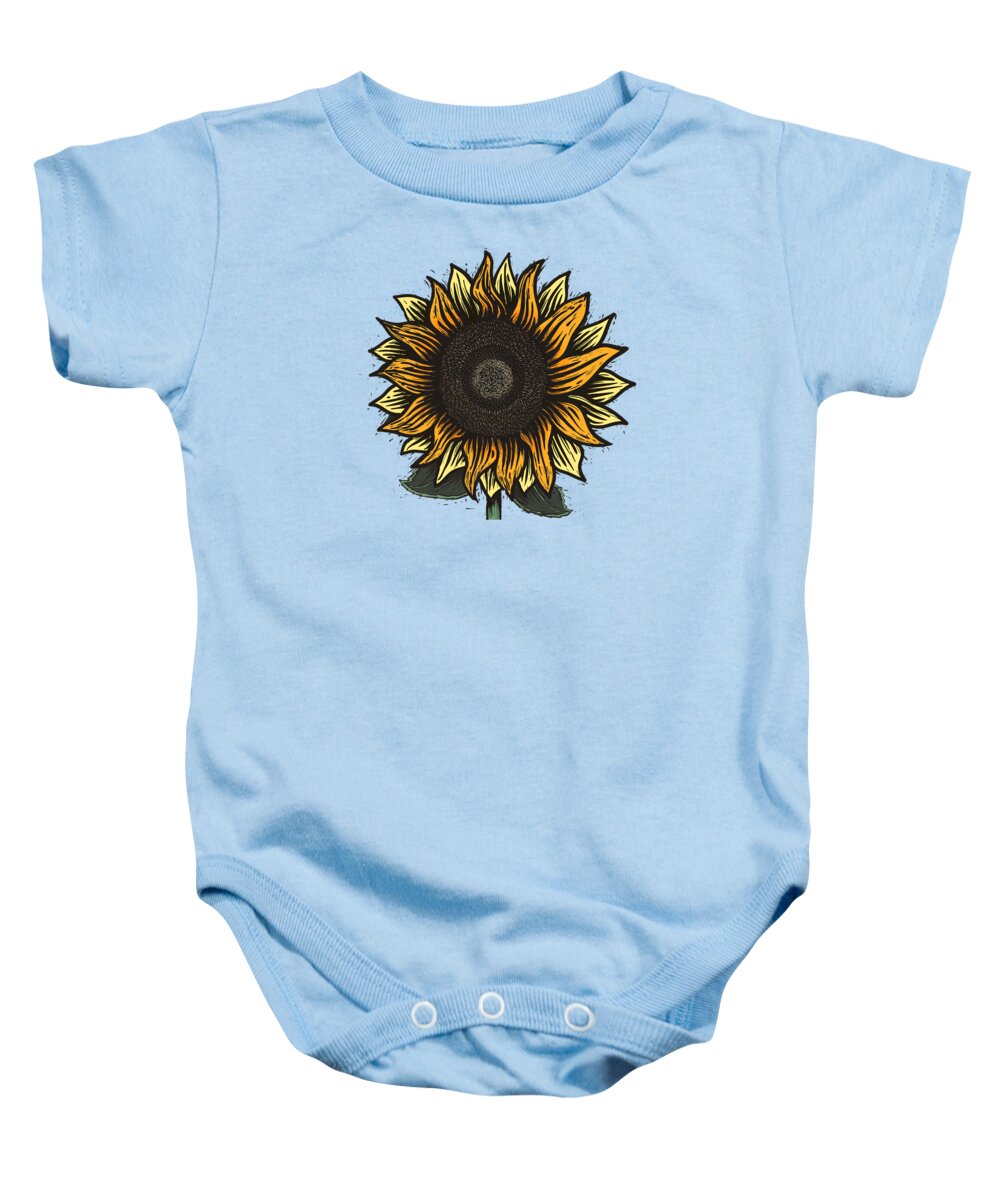 Sun Baby Onesie featuring the painting Here Comes The Sunflower Woodcut by Little Bunny Sunshine