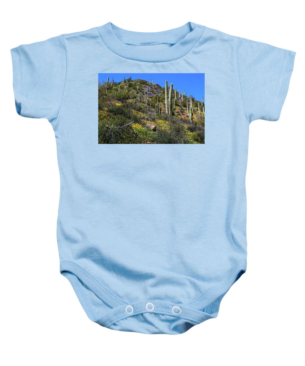 Carnegiea Gigantea Baby Onesie featuring the photograph Hill of Color by Dennis Swena