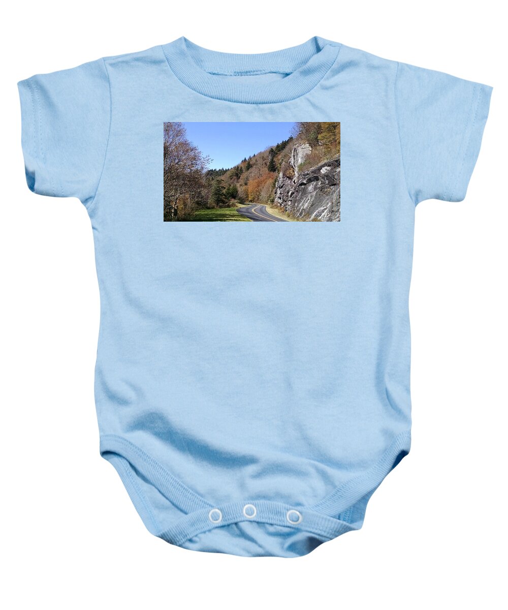 Blue Ridge Parkway Baby Onesie featuring the photograph Just Around the Bend by Allen Nice-Webb