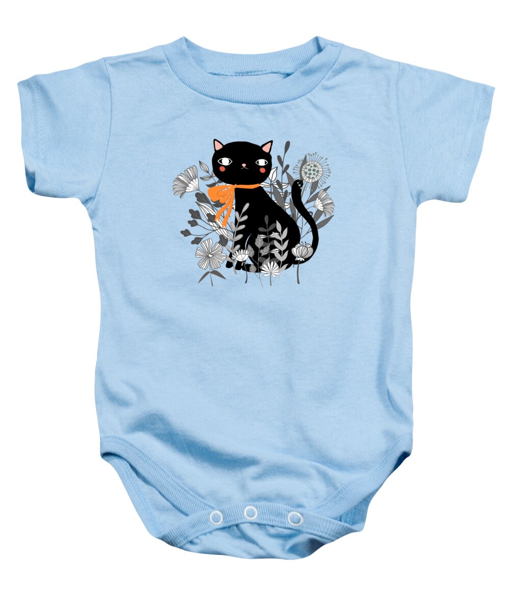 Cat Baby Onesie featuring the painting Kitty Kitty Sitting Pretty With Flowers All Around by Little Bunny Sunshine