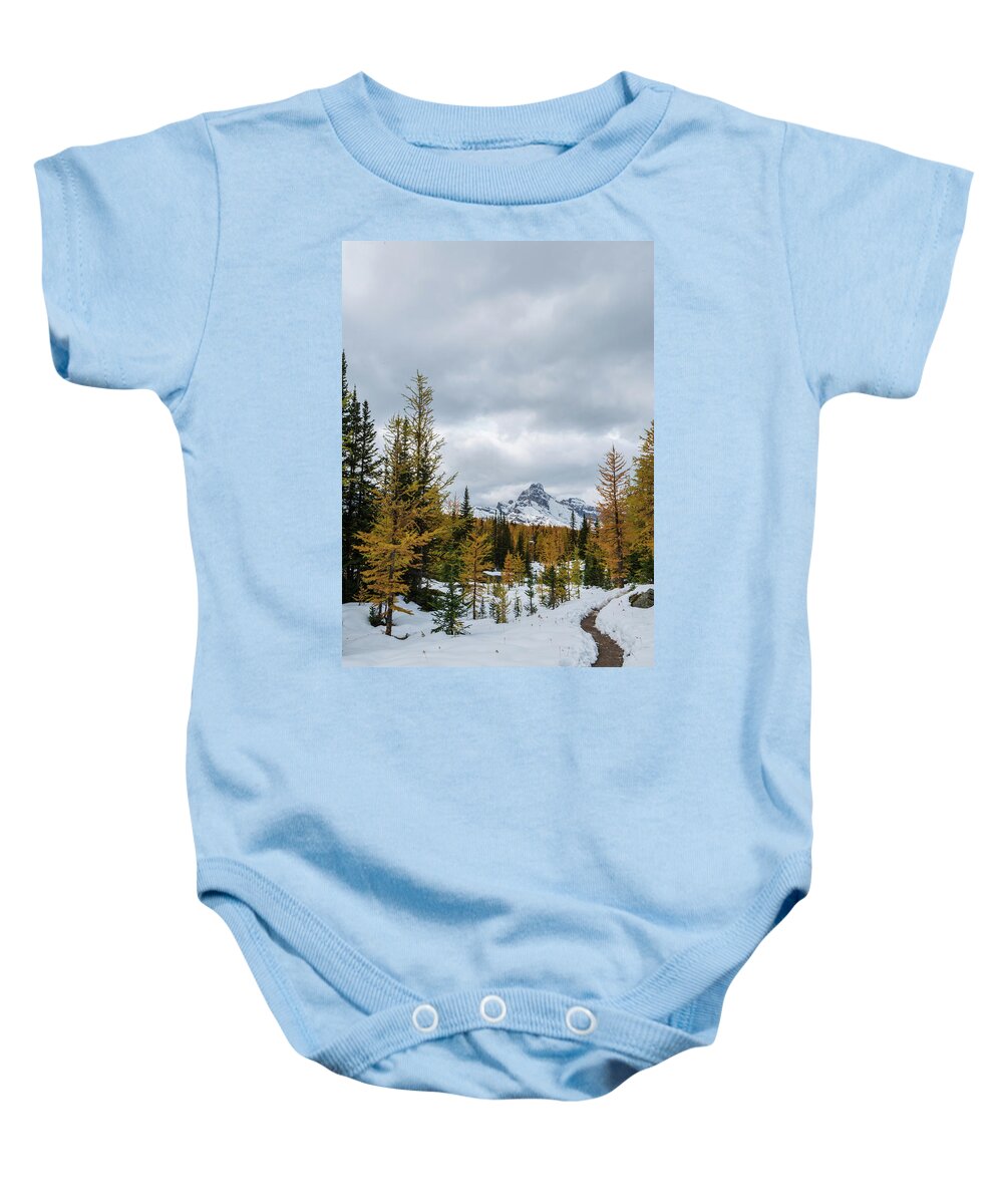 Outdoor; Peaks; Reflection; Larches; Snow; Mountains; Wiwaxy Peaks; Yoho National Park; Rocky Mountains; British Columbia; Canada Baby Onesie featuring the digital art Larches in West Opabin Trail by Michael Lee