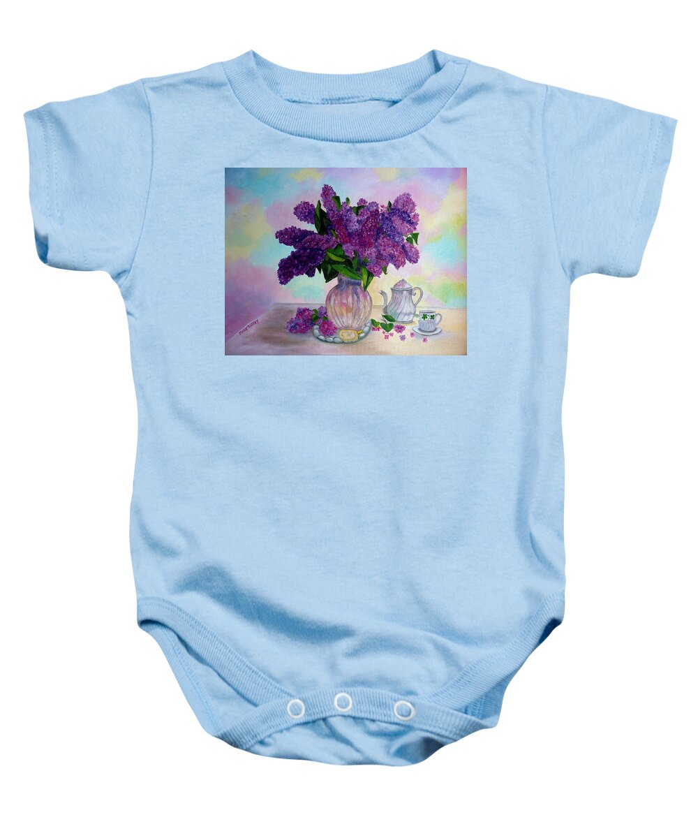 Lilacs Baby Onesie featuring the painting Lilac Spring Tea by Julie Brugh Riffey