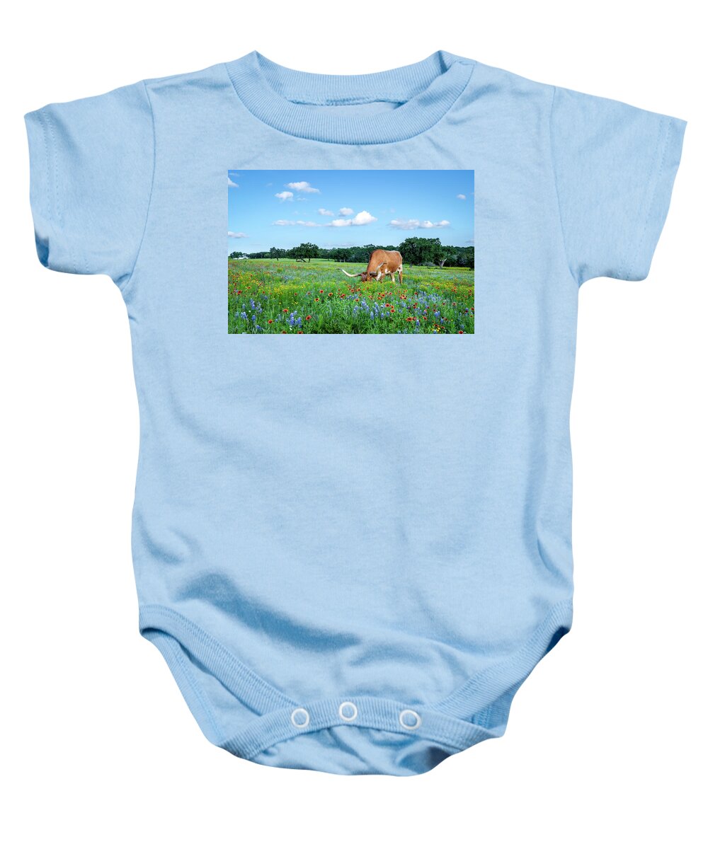 Texas Wildflowers Baby Onesie featuring the photograph Longhorns In Bluebonnets II by Johnny Boyd