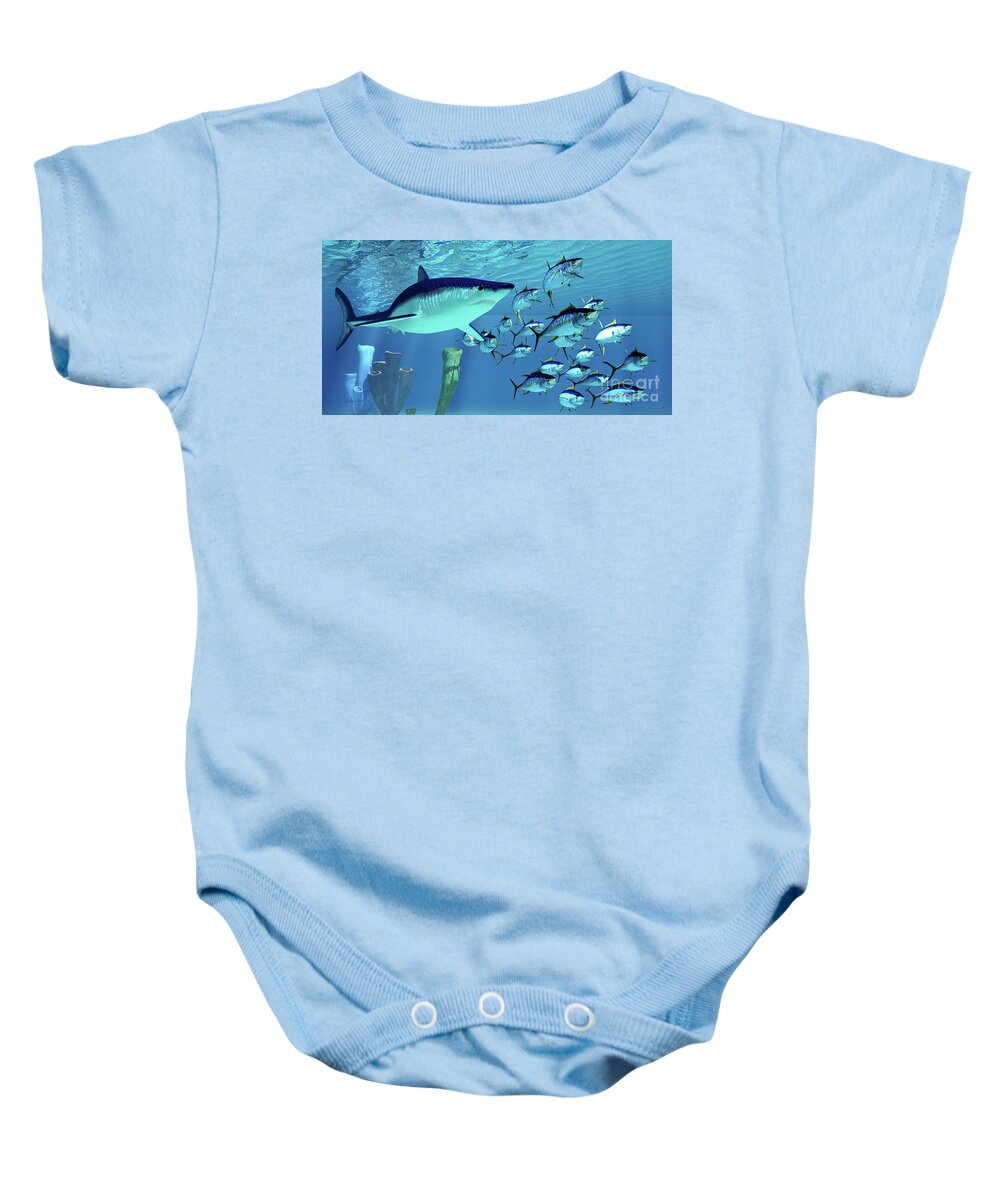 Maco Shark Baby Onesie featuring the digital art Mako Shark after Yellowfin Tuna by Corey Ford