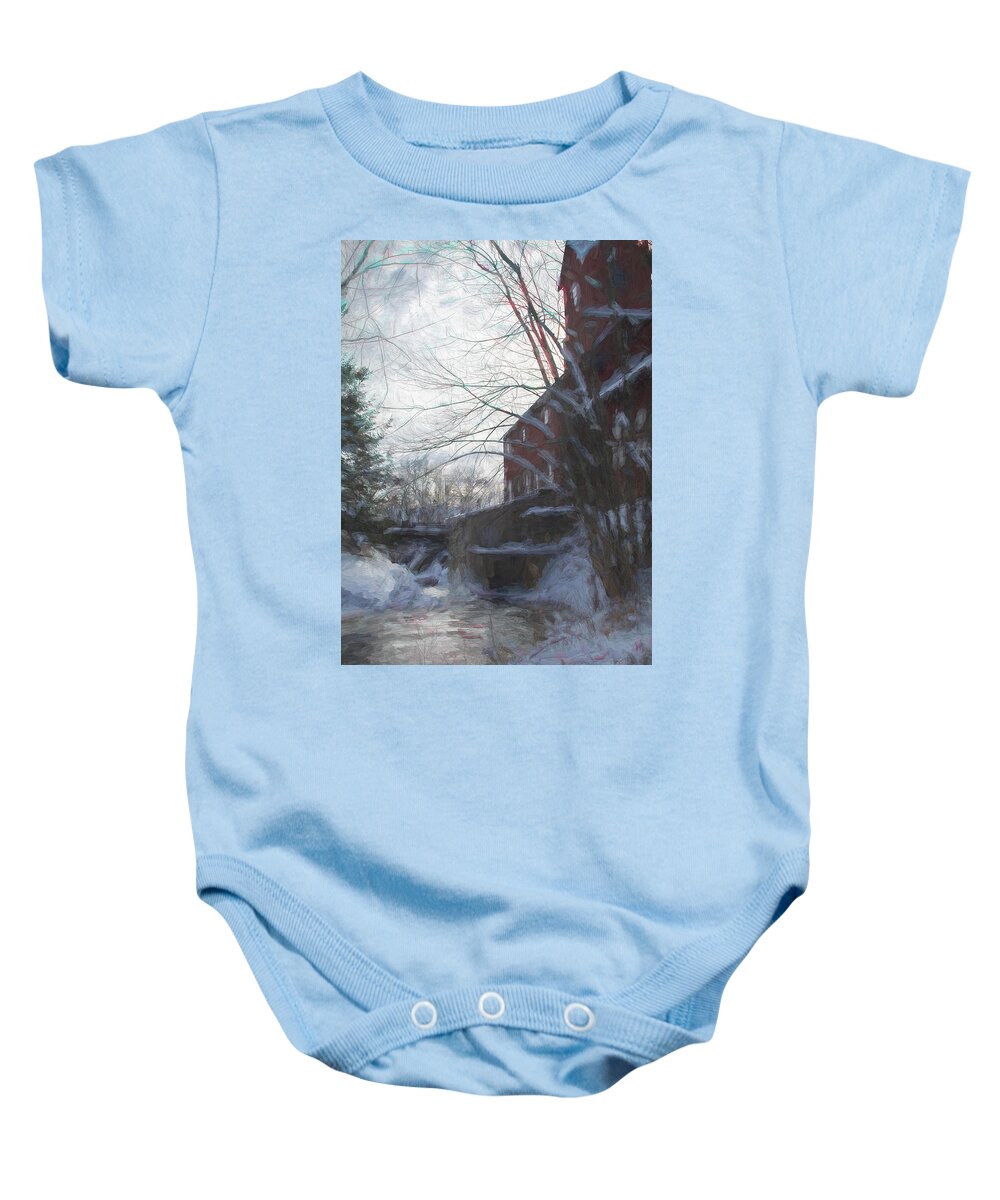 New England Mill Baby Onesie featuring the photograph Mill on Brown River in Jericho Vermont by Jeff Folger