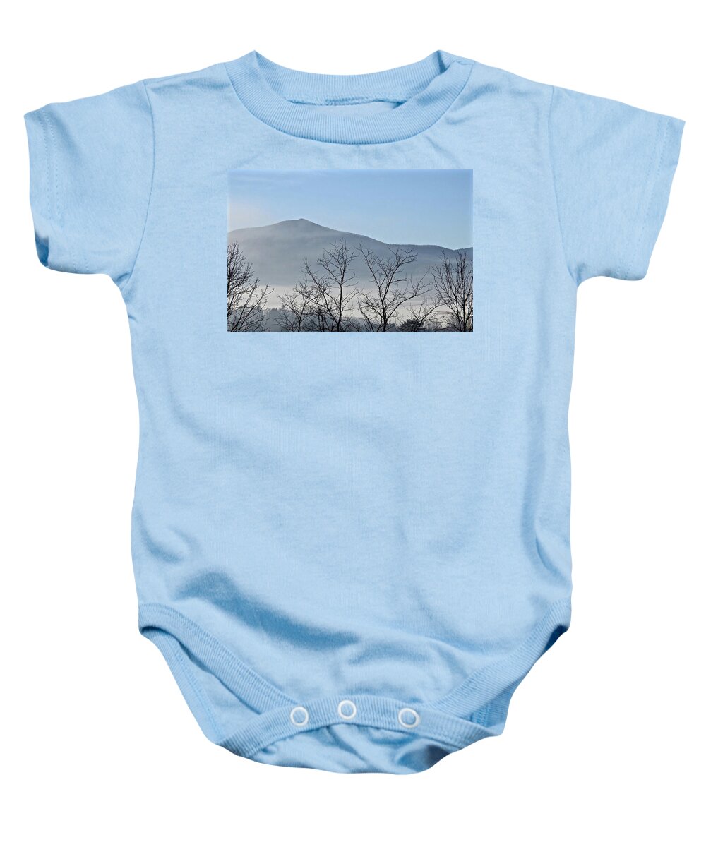 Misty Baby Onesie featuring the photograph Misty Mountain by Kathy Ozzard Chism