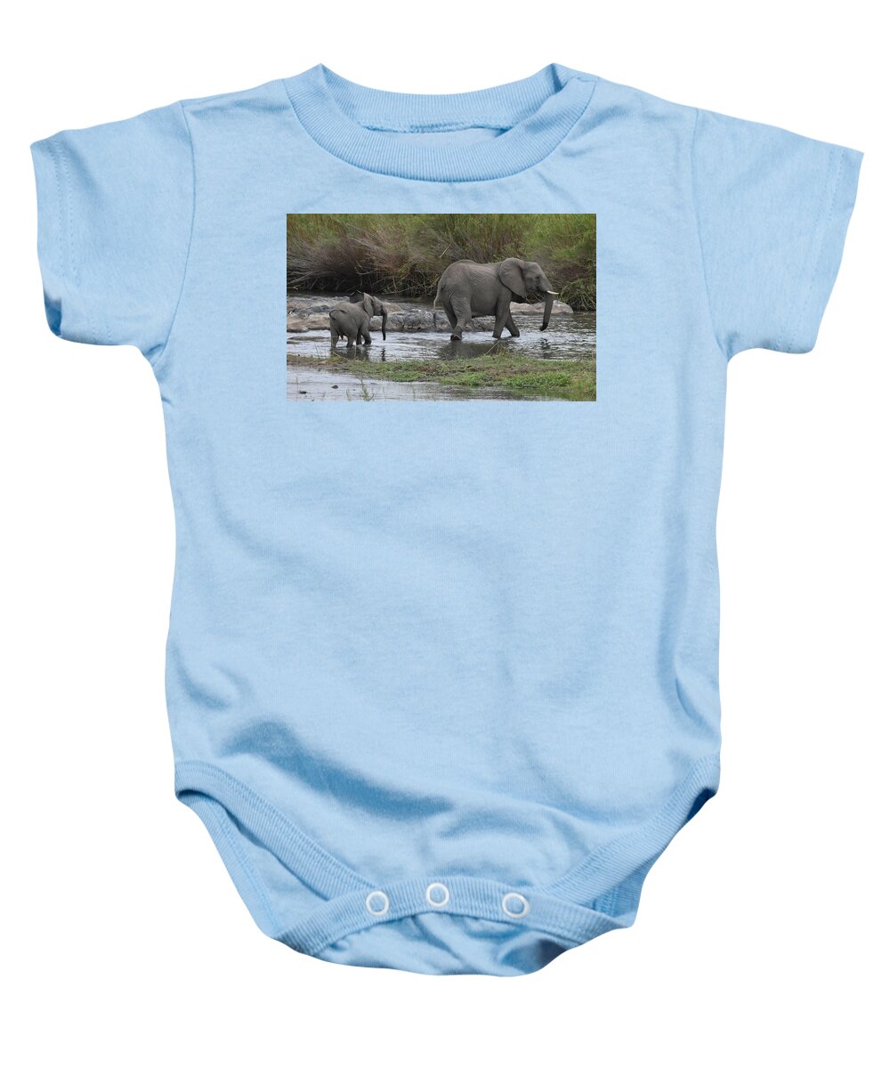 Elephant Baby Onesie featuring the photograph Following Mom by Ben Foster