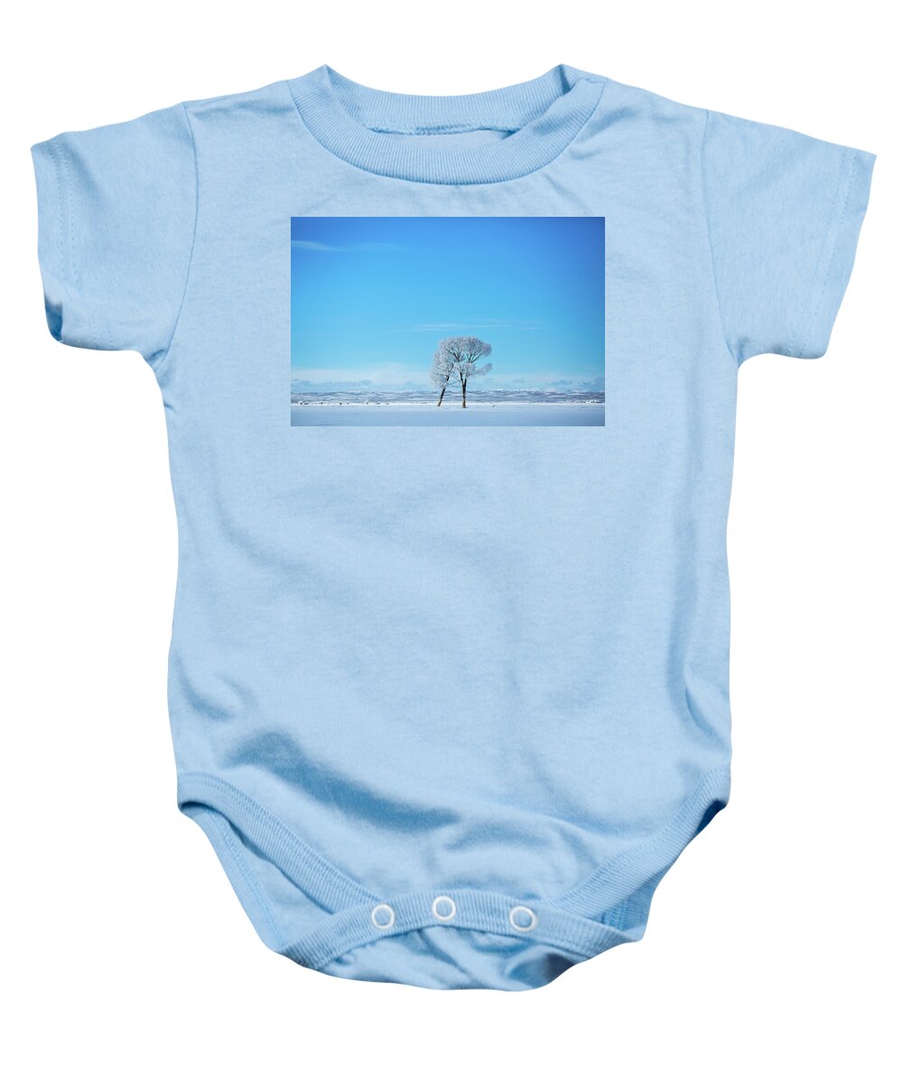Blue Sky Baby Onesie featuring the photograph Peace in blue and white winter trees by Julieta Belmont