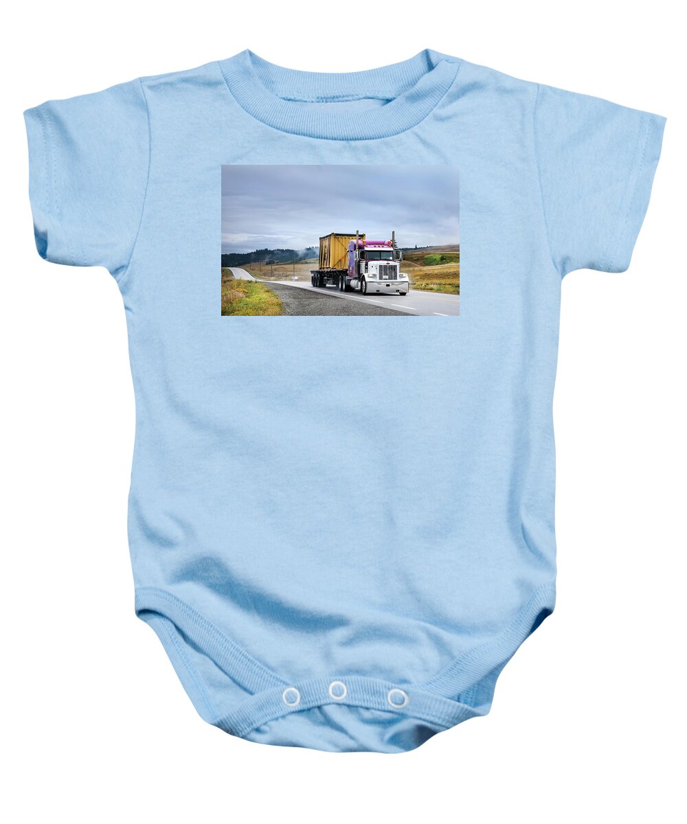 Theresa Tahara Baby Onesie featuring the photograph Peterbilt After The Rain by Theresa Tahara