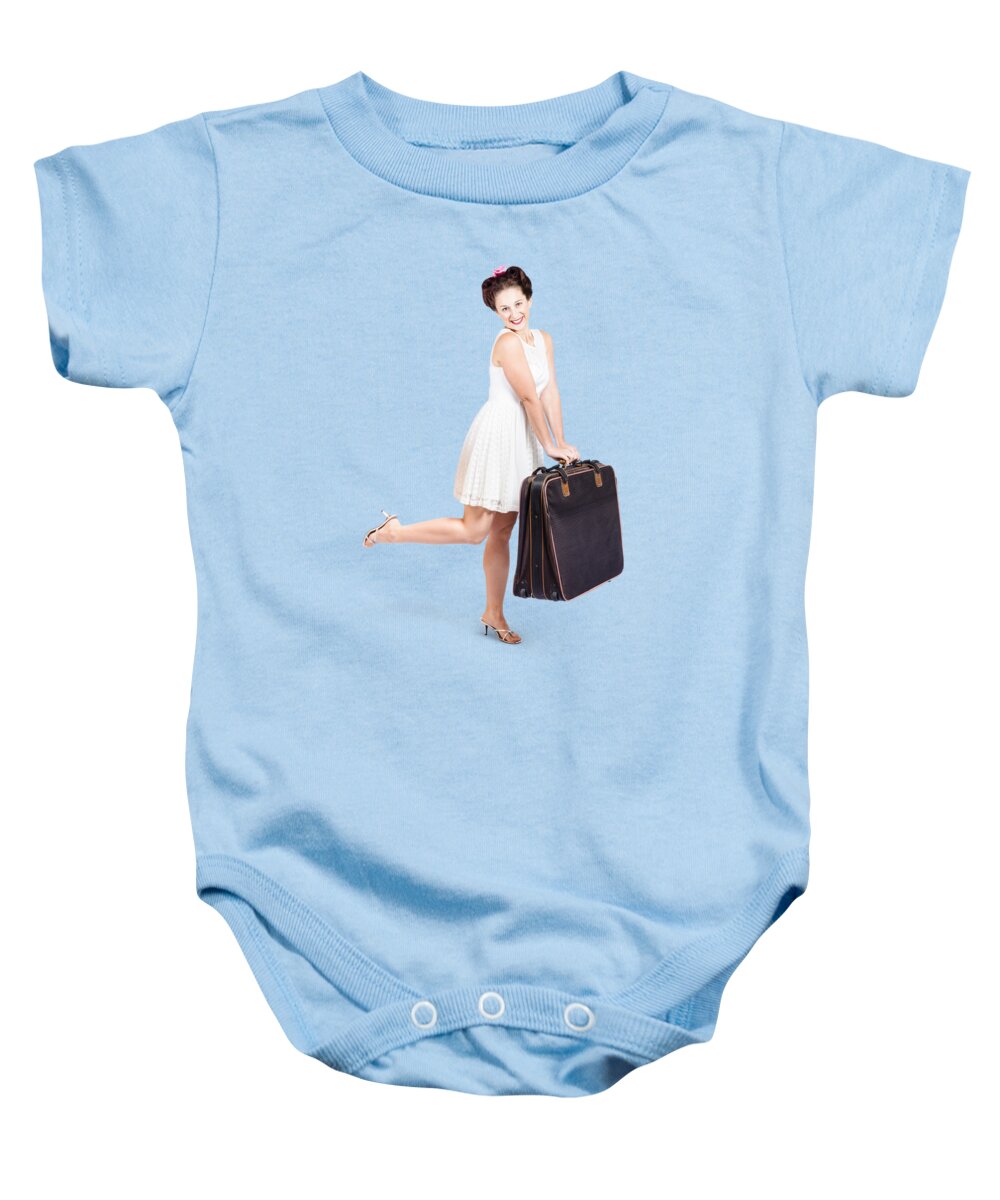 Voyage Baby Onesie featuring the photograph Pinup model doing a hop and skip with travel case by Jorgo Photography