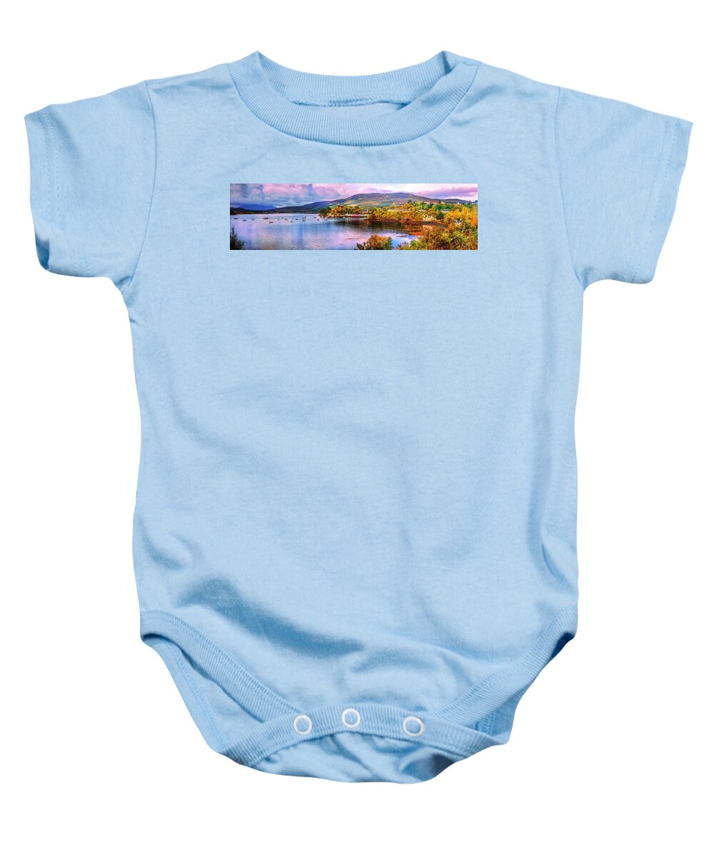 Barns Baby Onesie featuring the photograph Portree Scotland in Panorama by Debra and Dave Vanderlaan