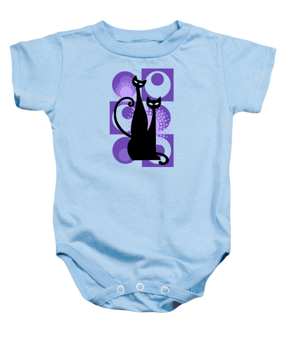 Painting Baby Onesie featuring the painting Purple Paradise Atomic Age Black Kitschy Cats by Little Bunny Sunshine